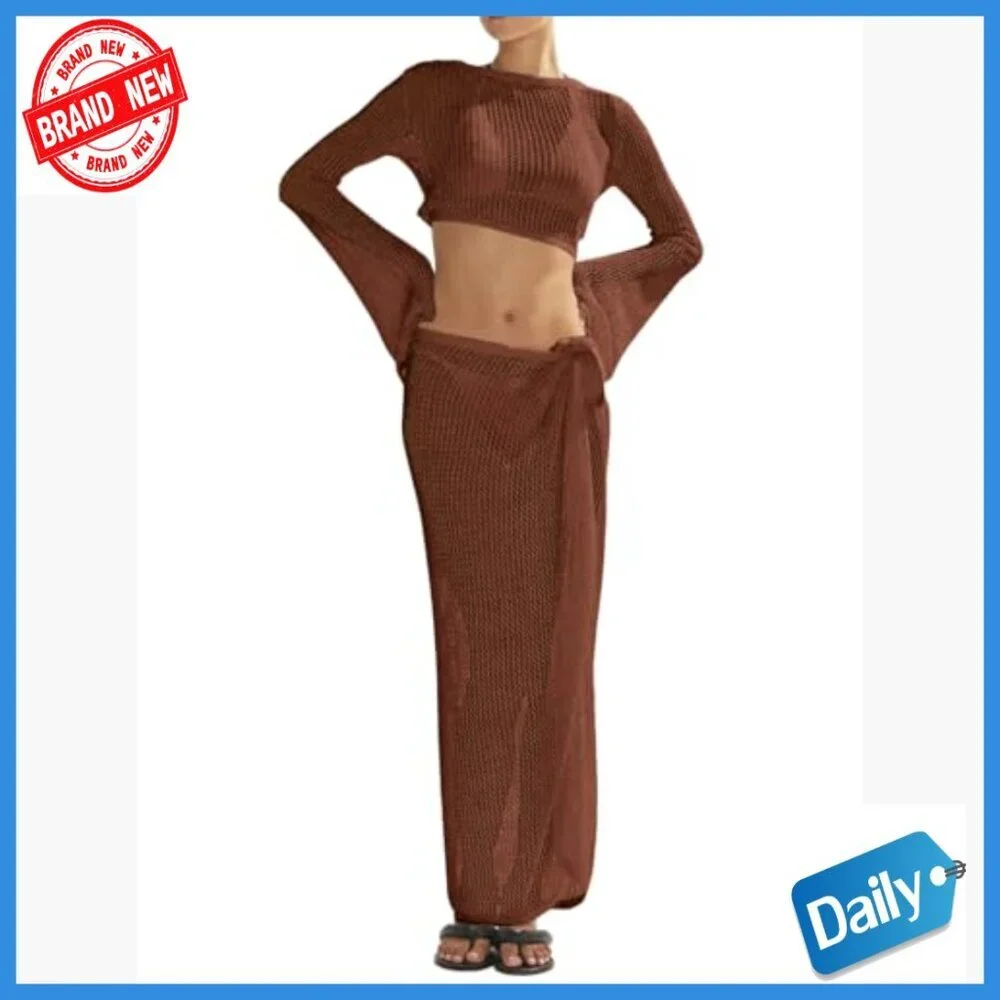 Crochet Hollow Out Bikini Coverup Set Long Sleeve Off Shoulder Swim Skirt